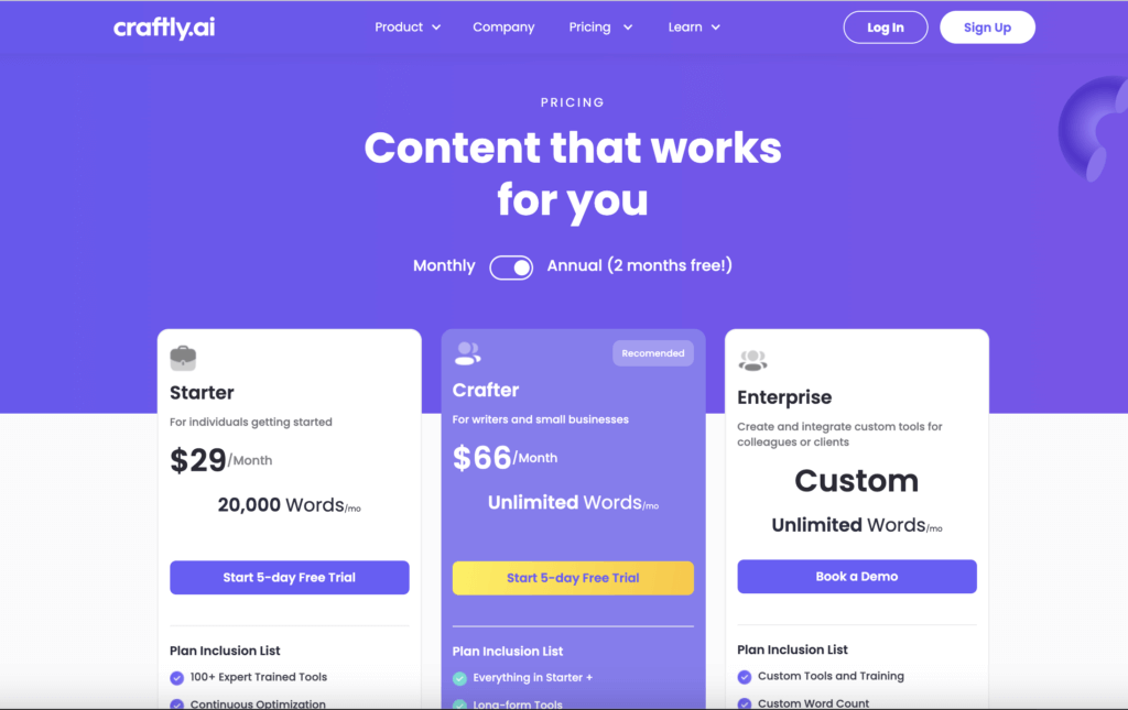 CraftlyAI Pricing