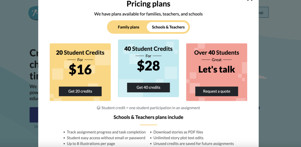 StoryWizard Schools and Teachers Pricing